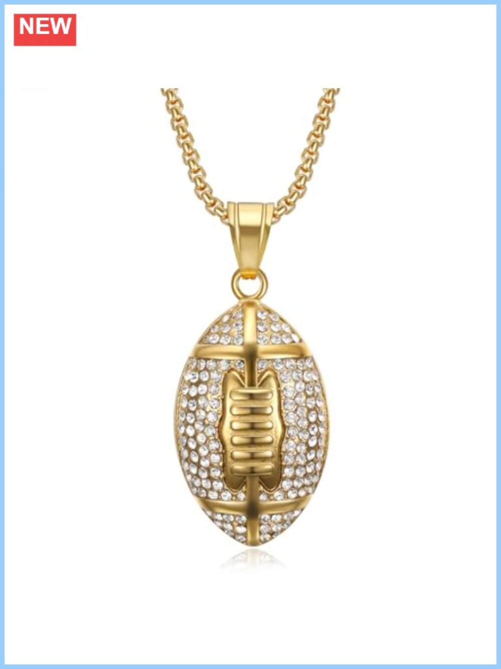 Gold Plated Rhinestone Football Pendant Necklace Punk Hip Hop Jewelry